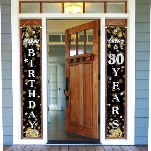 Nelbiirth Happy 30th Birthday Black & Silver Star Door Sign Banner - Cheers to Thirty Years Old Birthday Home Door Backdrop, 30th Birthday Party Decoration.