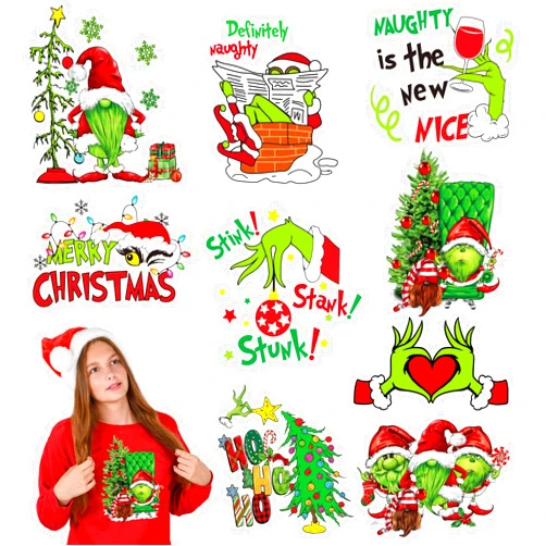Heorryn 9 Sheets Christmas Iron On Transfers for T-Shirts,Christmas Heat Transfers Vinyl,Christmas Green Gnome HTV Vinyl Iron on Patches Decals for T-Shirts Clothes Pillow Hoodie DIY Crafts