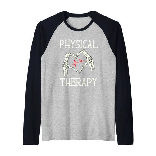 Funny Halloween Physical Therapy - DressedForDuty Physical Therapy Skeleton Hand Heartbeat Halloween PT Raglan Baseball Tee