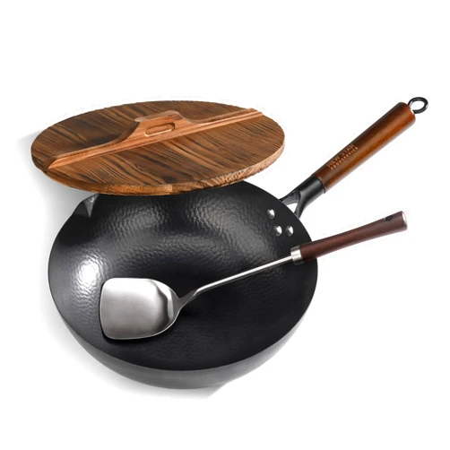 New Star Foodservice 1029154 Hand Hammered Cast-Iron Non-Stick Wok Carbon Steel, Includes 12.7