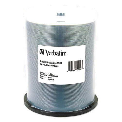 Verbatim 95252 CD-R, 700MB, 52X, White Inkjet Printable, Hub Printable, 100/PK Spindle