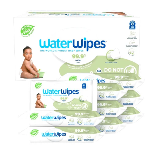 WaterWipes Plastic-Free Textured Clean, Toddler & Baby Wipes, 99.9% Water Based Wipes, Unscented & Hypoallergenic for Sensitive Skin, 540 Count (9 packs), Packaging May Vary