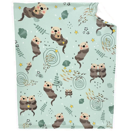 Comforzykets The Laid-Back Sea Otter Family Green Blue Cute Otters Throw Blankets Super Soft Fluffy Comfortable Flannel Fleece Cozy Plush Blanket for Couch Bed Travel 50“x40 Small for Kids
