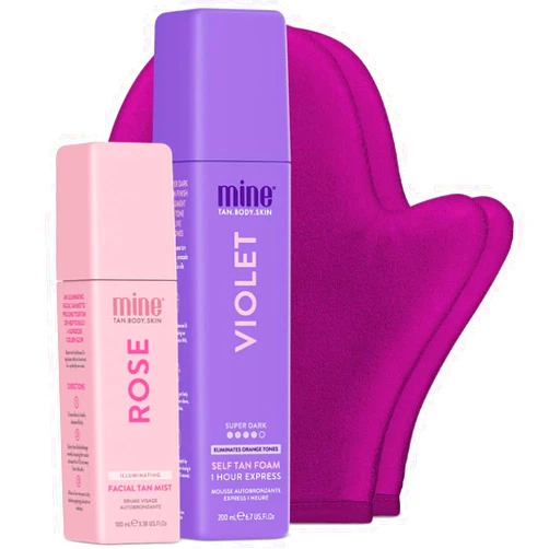 MINETAN BODY.SKIN MineTan Best Sellers Self Tan Bundle | Express 1 Hour - Includes Dark Violet Sunless Tanner Mousse, Face Mist, Application Mitt, & Exfoliating Glove for Tan Removal & Prep
