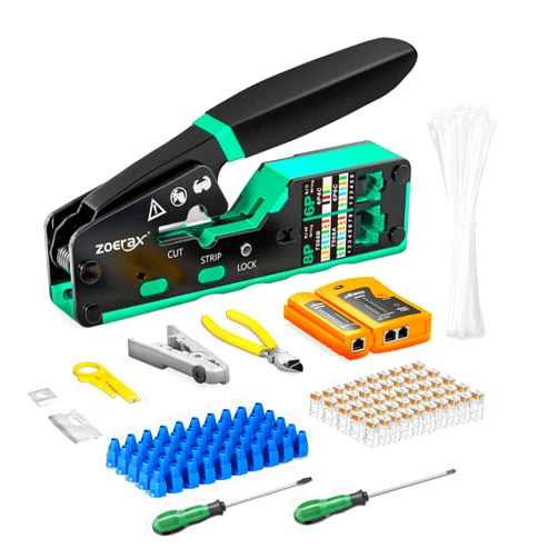 ZOERAX Ethernet crimping tool kit RJ45 crimp tool, Cat5 Cat6 Pass Through Crimping Tool for Network Cable Tester, Multiply Stripper, 50PCS Cat 6 Pass Through Connectors and Strain Relief Boots