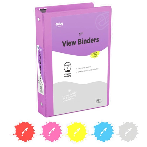 Enday 1 Inch 3 Ring Binder 1” Binder Purple Clear View Cover with 2 Inside Pockets, Colored School Supplies Office and Home Binders – by Enday