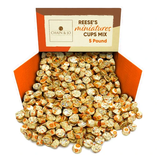 CHAIN & JO SWEETS REESESMiniatures Milk Chocolate and Peanut Butter Cups Candy, Gluten Free, Individually Wrapped, 5LB Bulk Party Pack (5 Pounds)