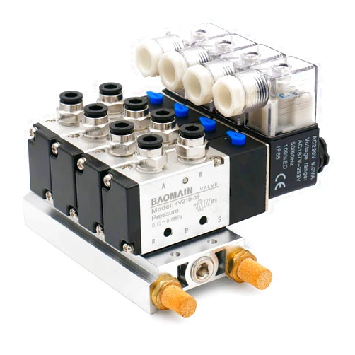 Baomain Solenoid Valve 4V210-08 AC 220V Single Head 2 Position 5 Way 4 Pneumatic valve with base muffler quick fittings set