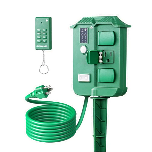 DEWENWILS Outdoor Power Stake Timer Waterproof, 100FT Wireless Remote Control, 6 Grounded Outlets, 6FT Extension Cord, Photocell Dusk to Dawn for Christmas Decoration, Lights, Garden, UL Listed