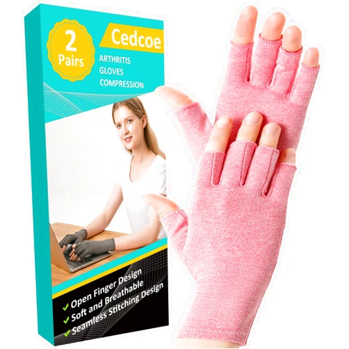 Cedcoe 2 Pairs Arthritis Compression Gloves for Relieve Rheumatoid Arthritis, Osteoarthritis, Carpal Tunnel, Joint Pain, Open Fingerless Gloves, Fit for Women and Men to Daily Work (Pink, Medium)