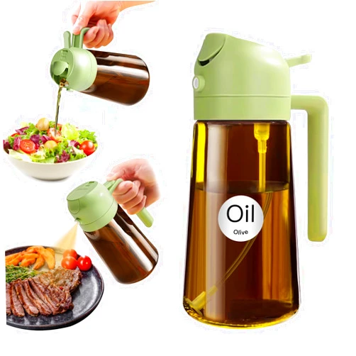 YARRAMATE 16oz/470ml Light Blocking Oil Sprayer for Cooking with Stickers, Food-Grade 2 in 1 Olive Oil Dispenser Bottle for Kitchen, Premium Dark Amber Glass Oil Bottle for Air Fryer, BBQ(Green)