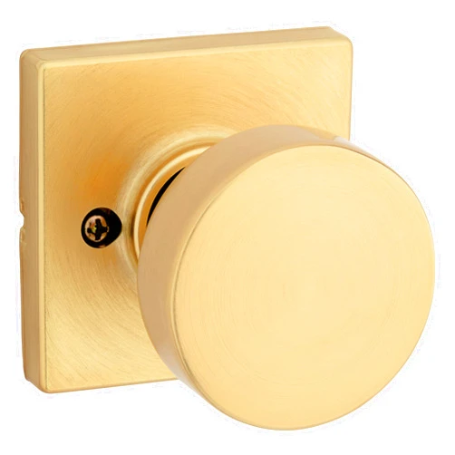 Kwikset Pismo Dummy Door Knob, Single Sided Handle for Closets, French Double Doors, and Pantry, Satin Brass, Square, Non-Turning Interior Push/Pull Door Knob, Microban Protection