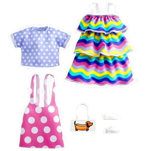 Barbie Fashions 2-Pack Clothing Set, 2 Outfits Doll Include Pink Polka-Dot Jumper, Purple Polka-Dot Top, Striped Dress & 2 Accessories, Gift for Kids 3 to 8 Years Old, White