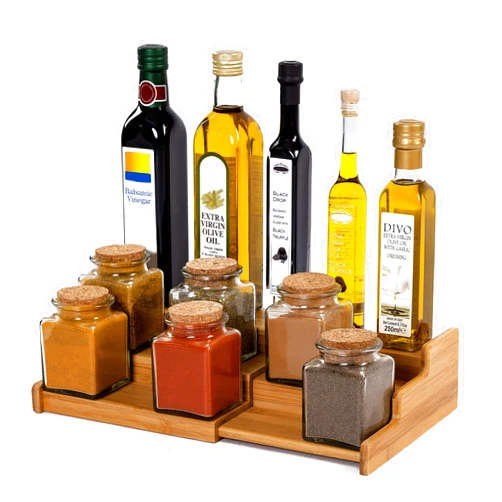 Seville Classics Bamboo Premium Wood 3-Tier Step Shelf Spice & Seasoning Storage Rack Organizer, for Kitchen, Cabinet, Countertop, Pantry, Bathroom, Salon, Natural Bamboo, Expandable 8.5