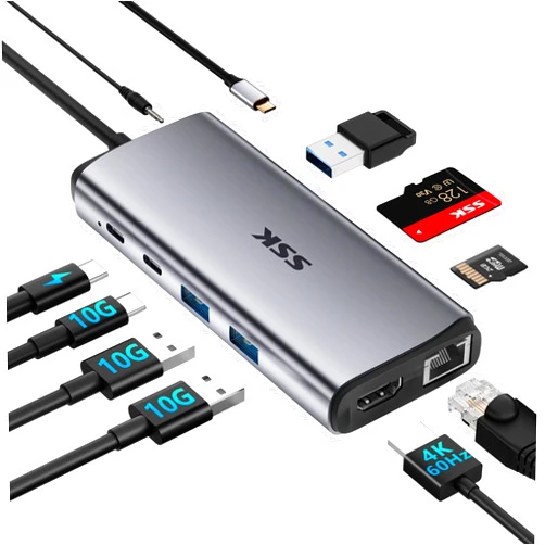 SSK USB C Hub Ethernet Adapter(10 in 1),10Gbps USB C Splitter with 4K 60Hz HDMI,10Gbps USB C and 2 USBA Data Ports,100W PD, Ethernet, SD/TF USB3.2 Gen 2 Thunderbolt Hub Dock for MacBook Pro HP Lenovo