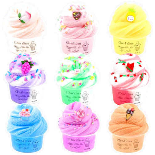 WUJYLY Cloud Slime Kit 9 Pack, with Peachybbies Watermelon Pineapple Cake Slime Charms, DIY Slime Supplies for Girls and Boys, Stress Relief Toy for Kids Education, Party Favor, Gift and Birthday