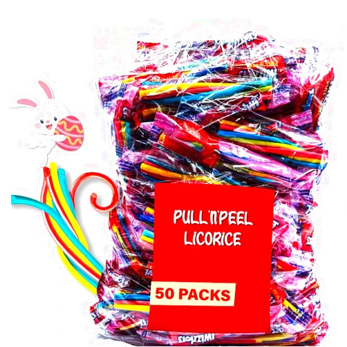 Munchique Pull-Apart Strawberry Blast Licorice Candy – 50-Piece Easter Pastel Bulk Pack, Perfect for Basket Stuffing, Spring Treats, Snack Size Chewy Candy, Individually Wrapped
