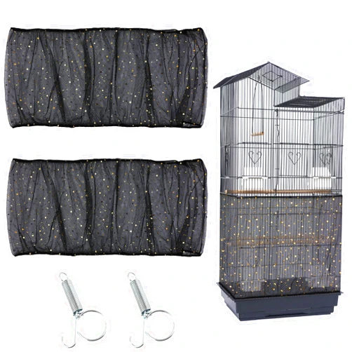 JULMELON 2Pcs Adjustable Bird Cage Seed Catcher(Black) Birdcage Nylon Mesh Cover Twinkle Star Universal Birdcage Cover for Parakeet Round Square Cage with Spring Hook