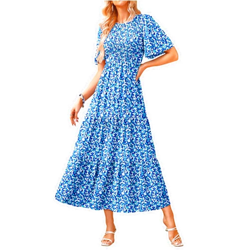 KIRUNDO Womens Fashion 2024 Spring Summer Casual Flutter Short Sleeve Midi Dress Smocked Tiered Aline Going Out Dresses