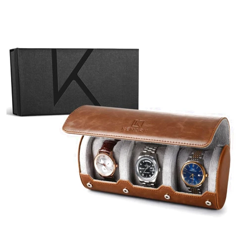 KENARK Luxury Watch Roll KW6M PLUS-BR - Premium Leather Travel Watch Case for 3 Watches - Anti-Scratch Protection - Exquisite Watch Roll Storage - Modern Watch Box