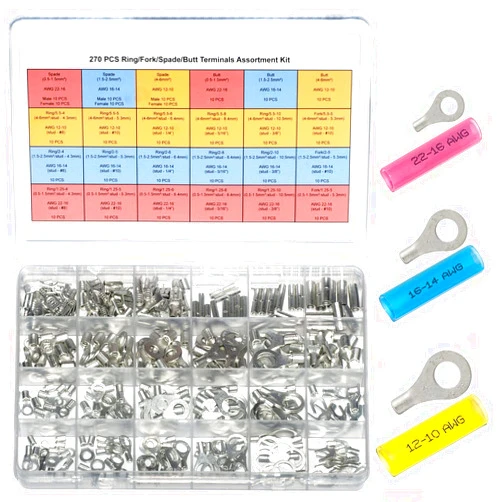ROCKDIG 540PCS Separated Heat Shrink Wire Connectors Assortment Kit, 270PCS AWG 22-16 16-14 12-10 Non-Insulated Ring Fork Butt Spade Terminals, 270PCS 3:1 Dual-Wall Adhesive Lined Heat Shrink Tubings