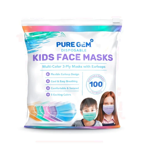 PURE GEM [Pack Of 100] kids Disposable Face Masks Boys and Girls 3-Ply Masks | Facial Cover with Elastic Earloops For Childcare, School (Colorful)