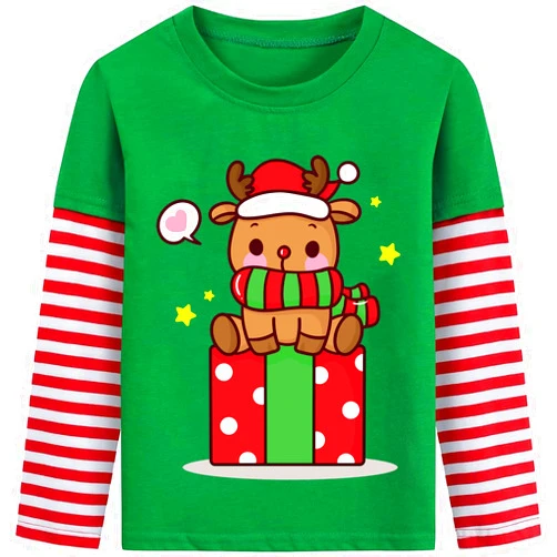 MUJOQE Kids Ugly Christmas Shirt Boys Girls Reindeer T-Shirts Stripe Long Sleeve Santa Claus Tees Tops Xmas Clothes 2-7 Years
