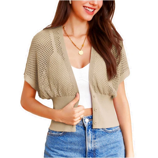 GRACE KARIN 2024 Women Short Sleeve Crochet Cardigan Summer Draped V-Neck Bolero Shrug Sweater Hollow Out Beach Cover Up