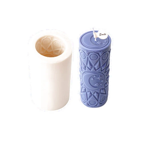 Xidmold Vintage Sun Moon Pattern Pillar Candle Mold, Column Silicone Mold for Soy Wax Candle, Aromatherapy Candle, Gypsum, Plaster, Home Decor (Small, B)