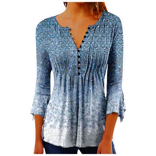 SMIDOW Summer Tops for Women 2024 Trendy Boho Floral Print Tunic Shirts 3/4 Bell Sleeve Button v Neck Tshirt Casual Loose Blouse