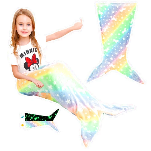 Cloudot Kids Wearable Mermaid Tail Blanket Soft Cartoonish with Unicorn Pattern Night Glow Lovely Parent Child Gift