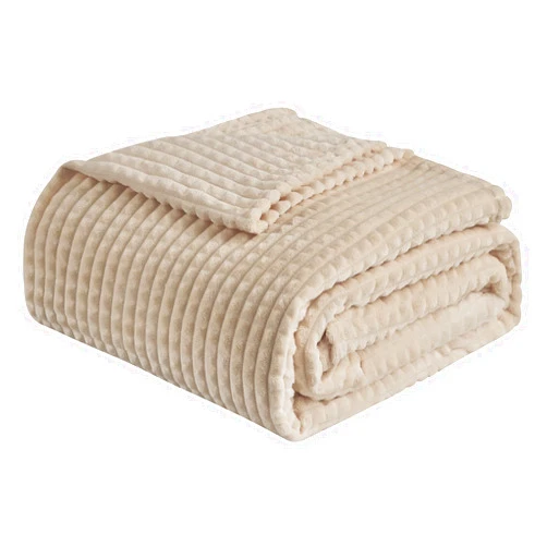 EMME Fleece Blanket Queen Size Luxury Flannel for Couch Bed Sofa Chair, Soft, Plush, Warm and Cozy Blanket with 3D Geometric Grid Design (Beige, 80'' x 90'')