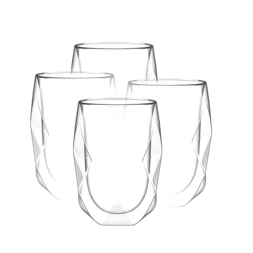 Brew To A Tea BTaT-Double Wall Insulated Glass Mug, Diamond Shape, Set of 4, 12oz, Insulated Coffee Mug, Double Wall Glass, Coffee Cups, Tea Cups, Latte Cups, Coffee Glass, Latte Mug, Clear Mugs, Glass Coffee Mug