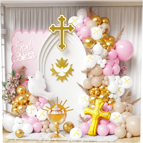 Heukikt First Communion Pink Balloon Garland Arch Kit, Girl Baptism Christening Party Decorations, Pink Gold White Balloons with Cross and Dove Balloon for Happy Birthday God Bless Theme Supplies