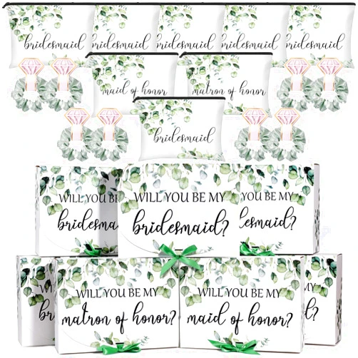 Gersoniel 24 Pcs Wedding Themed Supplies Include 8 Bridesmaid Proposal Box 8 Bridesmaid Canvas Makeup Bags Matron of Honor Bag and 8 Hair Scrunchies Bridal Satin Hair Band for Bridal Shower Wedding Party