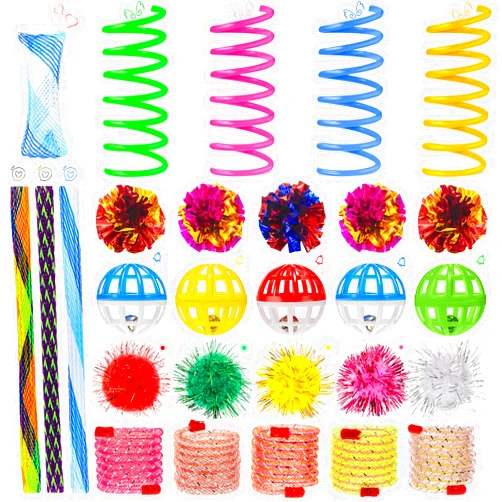 Threan 47 Pieces Cat Toy Springs Balls Set Includes Mylar Crinkle Cat Toy Balls Assorted Color Tinsel Pom Pom Balls Cat Spring Toys Plastic Lattice Ball with Bell Cat Spring Tube Toy for Cat Kitten, 6 Styles