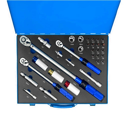 Roartisa 32Pcs Torque Wrench Set, 1/4 3/8 1/2-inch Drive Torque Wrench with Hex, Torx, Sockets, Extension Bar, Spark Plug Socket for Bike, Motorcycle, Car Spark (Blue Handle)