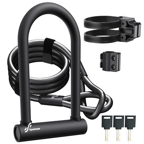 Sportneer Bike U Lock - 18mm Shackle Heavy Duty Bike Lock with 6ft Security Cable - Bicycle U-Locks with Sturdy Mounting Bracket for Road, Mountain, Electric and Folding Bike, Size 9.85''x6.3''