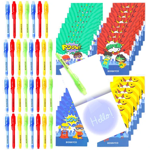 BONNYCO Invisible Ink Pen, Notebook Pack 32 Superhero Party Favors | Super Hero Party Favors for Kids Goodie Bags Stuffers Pinata Stuffers Classroom Prizes Return Gifts for Kids Birthday Student Gifts