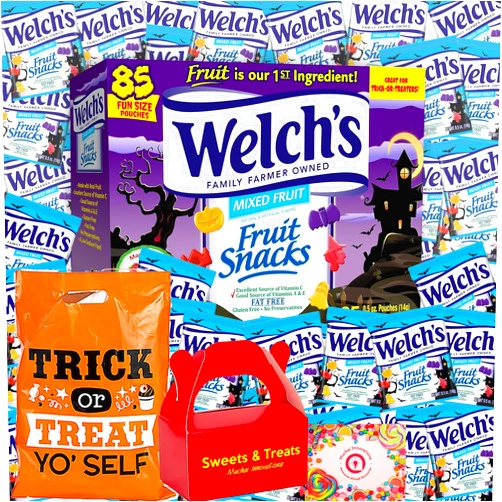 Muchai Innovations Halloween Treats Fruit Snack Welch's Gummy Flavor | 85 Fun Size Pouch - 0.5 Ounce Each | Shapes - Ghost Bat Jack-O-Lantern Witches Haunted House | Trick Treat Party Event - Muchai Card & Bag Included
