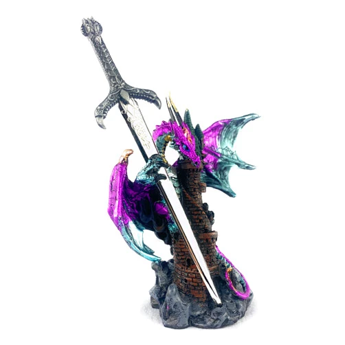 Ain't it Nice Dragon Statue Purple with Medieval Dragon Sword and Crystal Ball Protecting A Castle Collectible Dragon Figurine Fantasy Medieval Dragon Décor, 4.5(L) 2(W) 6.5(H) inches, 71980