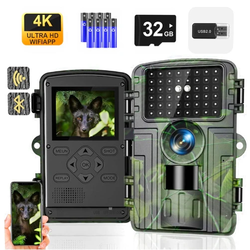 Vizgifin Trail Camera,4K 60MP WiFi Bluetooth Game Camera with No Glow Night Vision, 0.1s Trigger Motion Activated,IP66 Waterproof Hunting Camera for Outdoor Wildlife Monitoring with 8*AA 1.5V Batteries