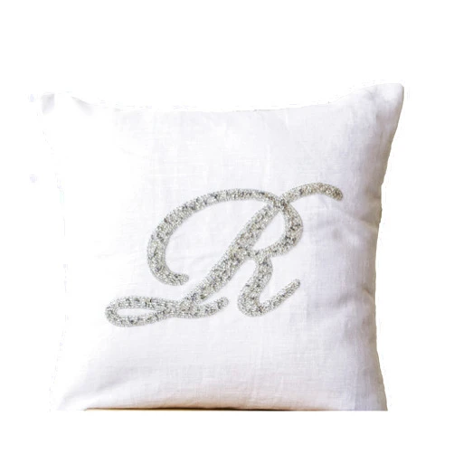 Amore Beaute Handmade White Linen Decorative Throw Pillow Covers with Customized Monogram Letter in Silver Sequin Detail - Sequin Monogrammed Pillow Cover (16 x 16)