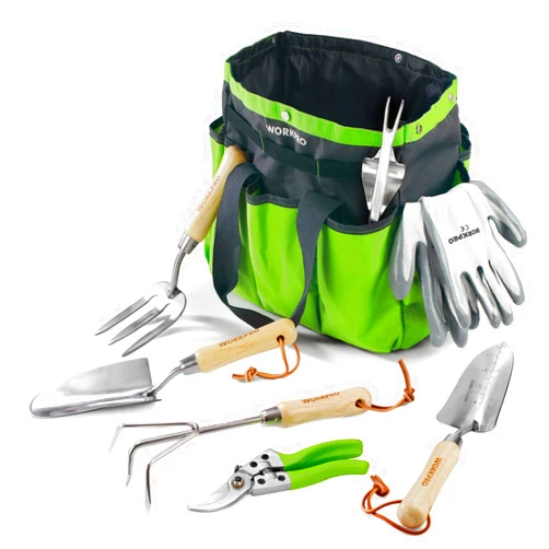 WORKPRO Garden Tools Set, 8 Piece, Stainless Steel Heavy Duty Gardening Tools with Wooden Handle, Including Garden Tote, Gloves, Trowel, Hand Weeder, Cultivator and More-Gardening Gifts For Women Men