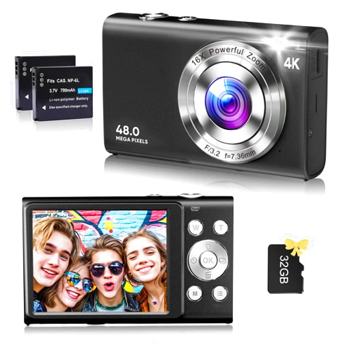 FJFJOPK Digital Camera, 4K Vlogging Camera for YouTube Autofocus 48MP UHD Cameras for Photography with Anti-Shake, 16X Digital Zoom Point and Shoot Digital Camera with 32GB Card for Teens Adult Beginner-Black