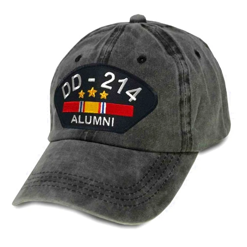VetFriends.com US Veteran Hat with DD-214 Alumni Text and National Service Ribbon Graphic - Embroidered Adjustable Vintage Washed Gray