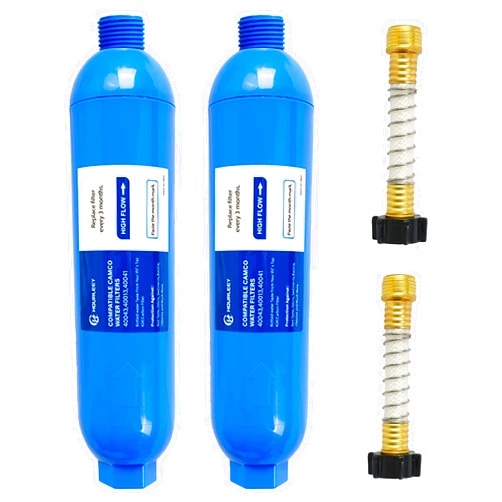 Hourleey 2 Pack RV Inline Water Filter with 2 Flexible Hose Protector, Reduce Bad Taste, Odors, Rust, Fluoride, Chlorine and Sediment in Drinking Water, Dedicated for RVs Campers Marines