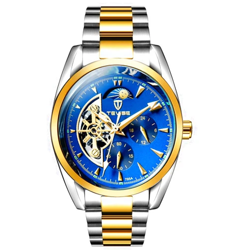 TEVISE Men's Watch -Tourbillon Moon Phase - Automatic Mechanical - Luminous Waterproof (Gold Blue)