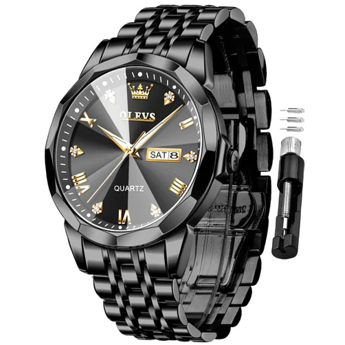 OLEVS Men Watches Business Dress Diamond Analog Quartz Date Luxury Wrist Watch Casual Stainless Steel Waterproof Luminous Two Tone Watch for Men