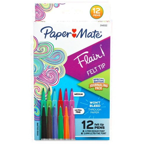 Paper Mate Flair Felt Tip Pen Set, Journaling Pack, Assorted Colors, Set of 12